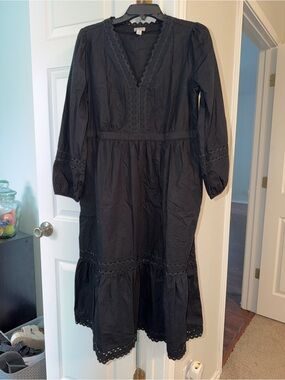 J. Crew Black Midi Cotton V-Neck Dress